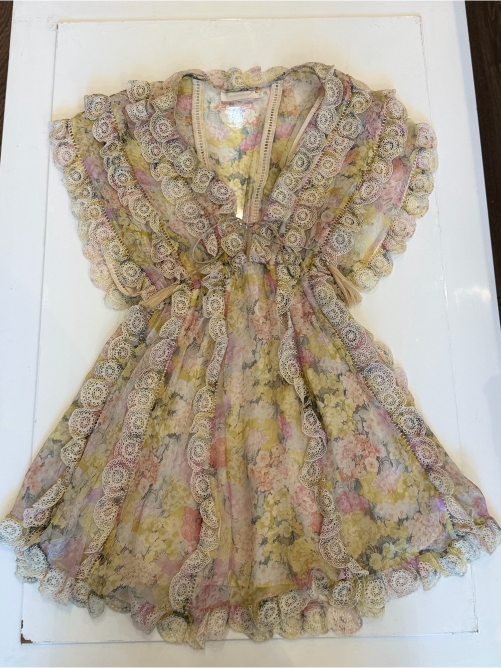 Zimmermann Girls' Pastel Floral Lace-Trim Dress in Yellow and Pink